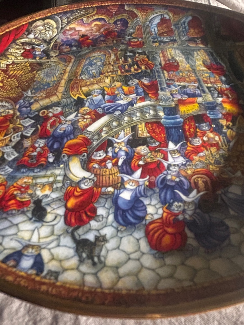 Decorative Festive Cats Serving Tray in Blue, Red and Gold-  Porcelain